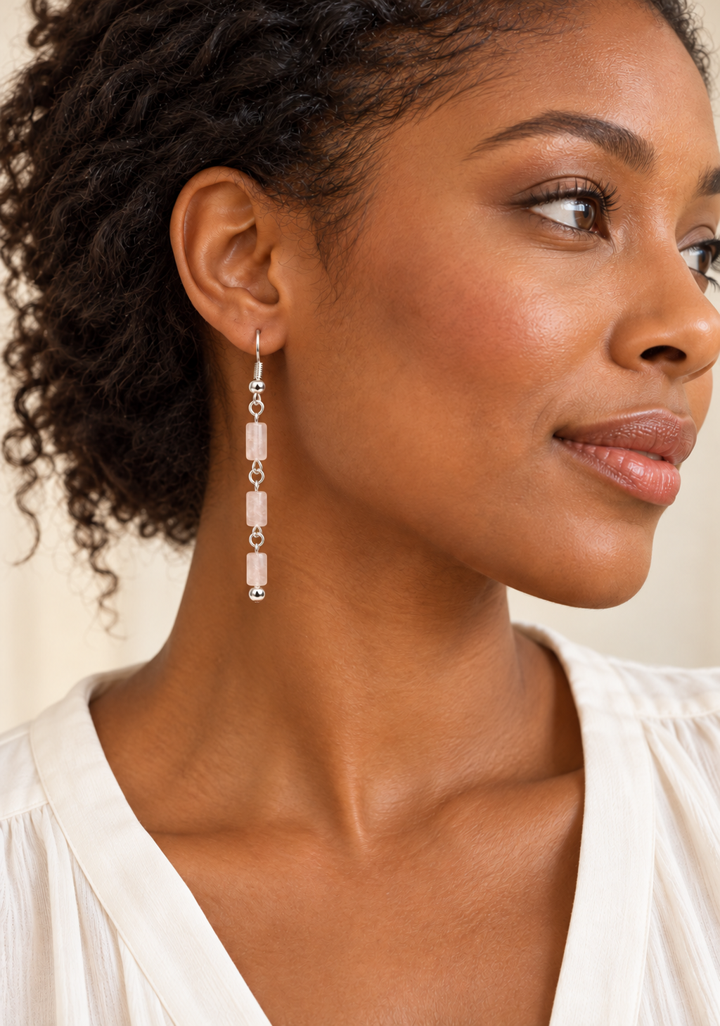 Rose Quartz Triple Drop Earrings - Sterling Silver Plated - Hypoallergenic