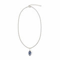 A silver-toned chain necklace with an adjustable clasp and a faceted dark blue teardrop-shaped pendant, shown on a plain white background.