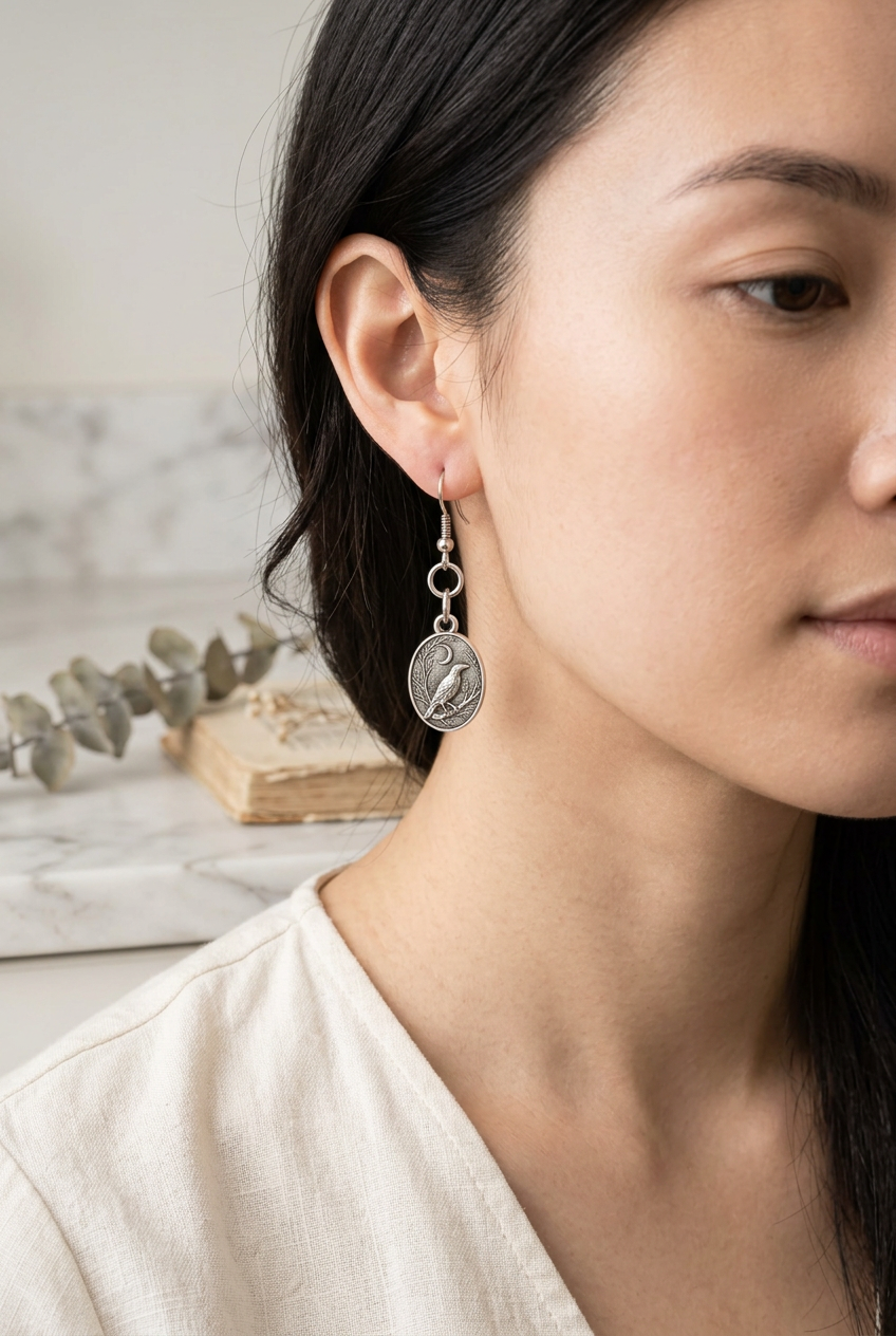 A close-up lifestyle shot of a woman wearing a silver drop earring with an oval pendant featuring a classical bust design.