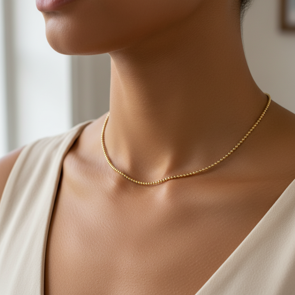 A delicate gold chain necklace with a small bead-like link pattern, a lobster clasp, and an extender chain, laid flat on a neutral light gray background.