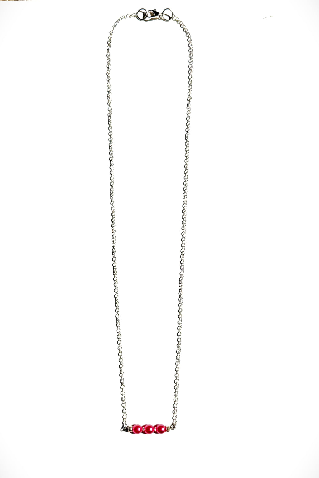 Peony Bloom Necklace, Silver -  Delicate silver chain accented with a row of vibrant raspberry-pink glass beads.