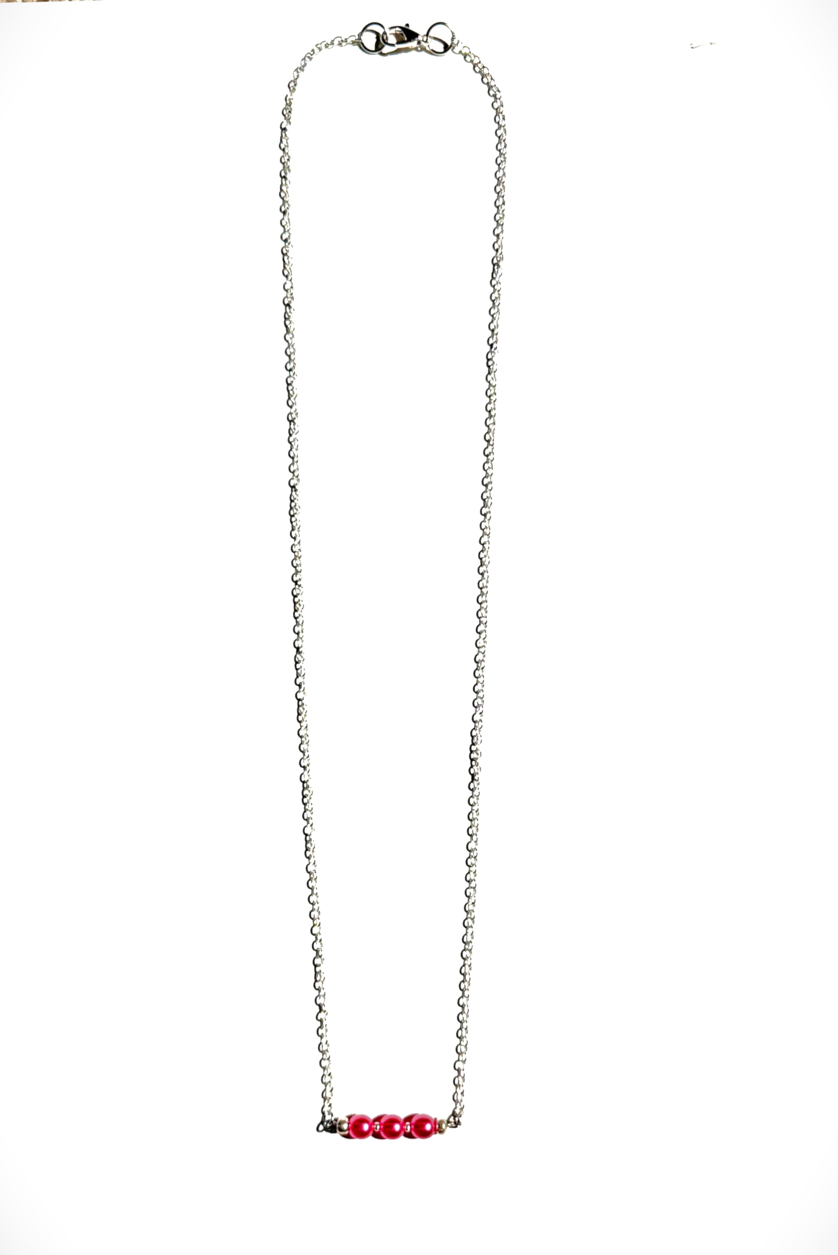 Peony Bloom Necklace, Silver -  Delicate silver chain accented with a row of vibrant raspberry-pink glass beads.