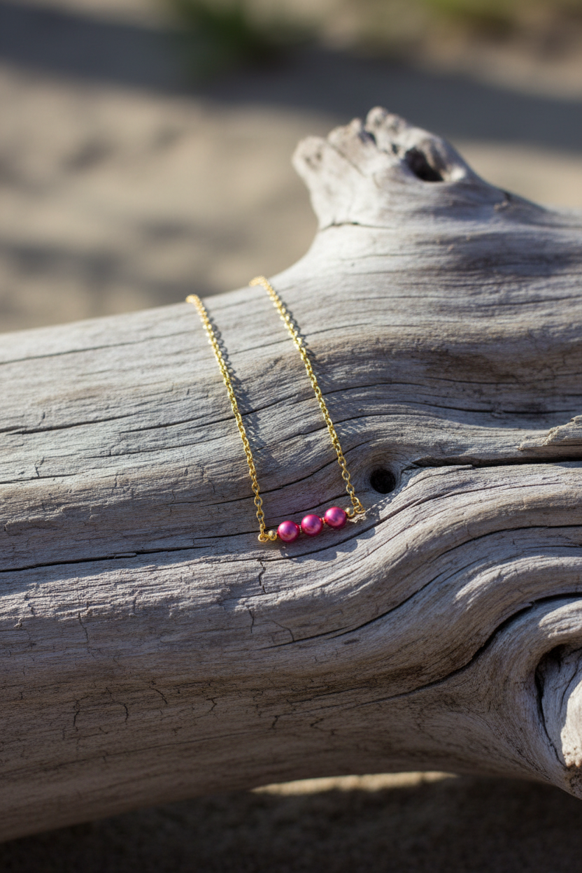 Peony Bloom Necklace - Pink glass beads along fine gold-tone chain.