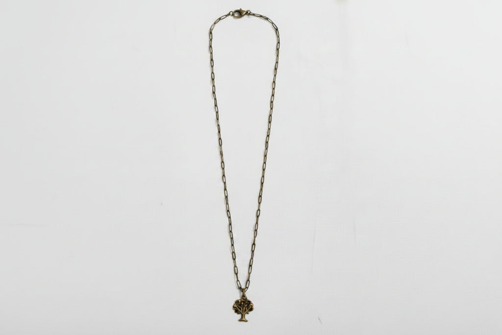 A vintage-style bronze chain necklace with a small, detailed pendant, displayed against a plain white background.