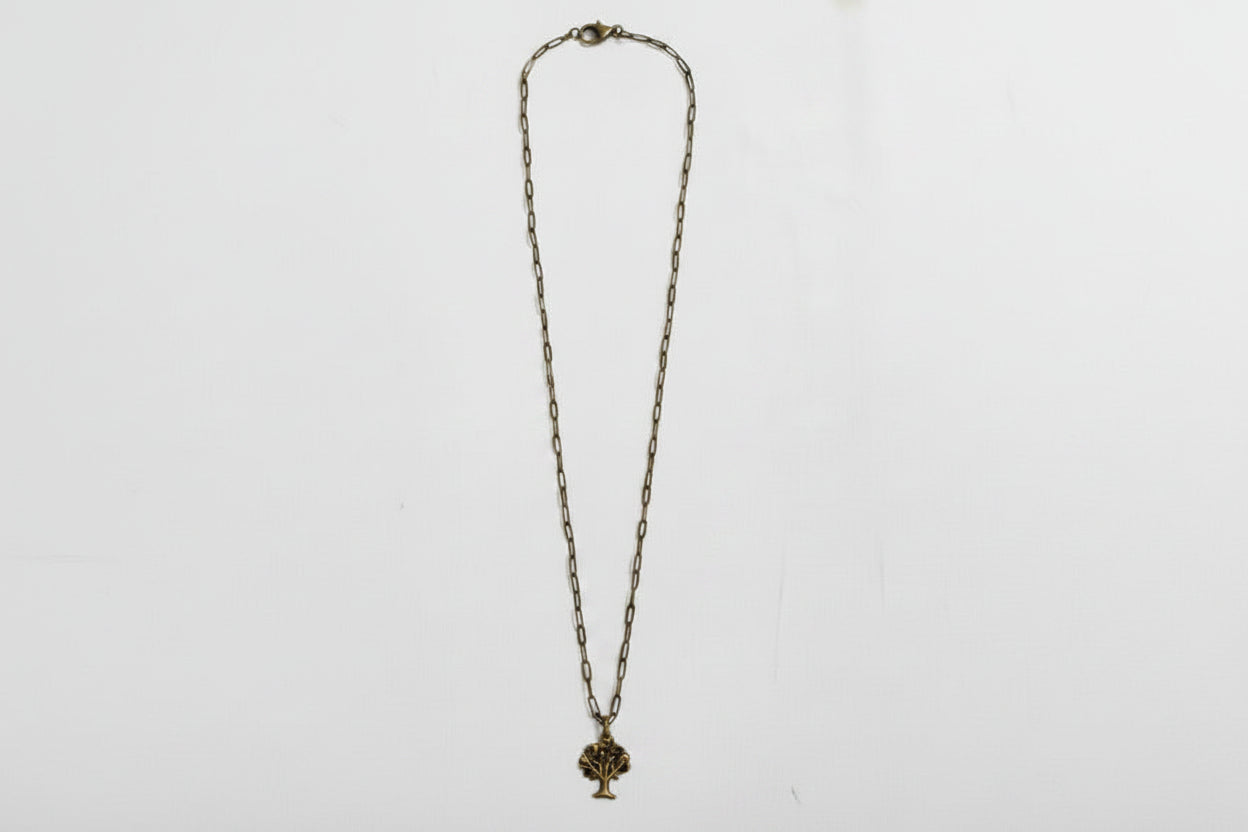 A vintage-style bronze chain necklace with a small, detailed pendant, displayed against a plain white background.
