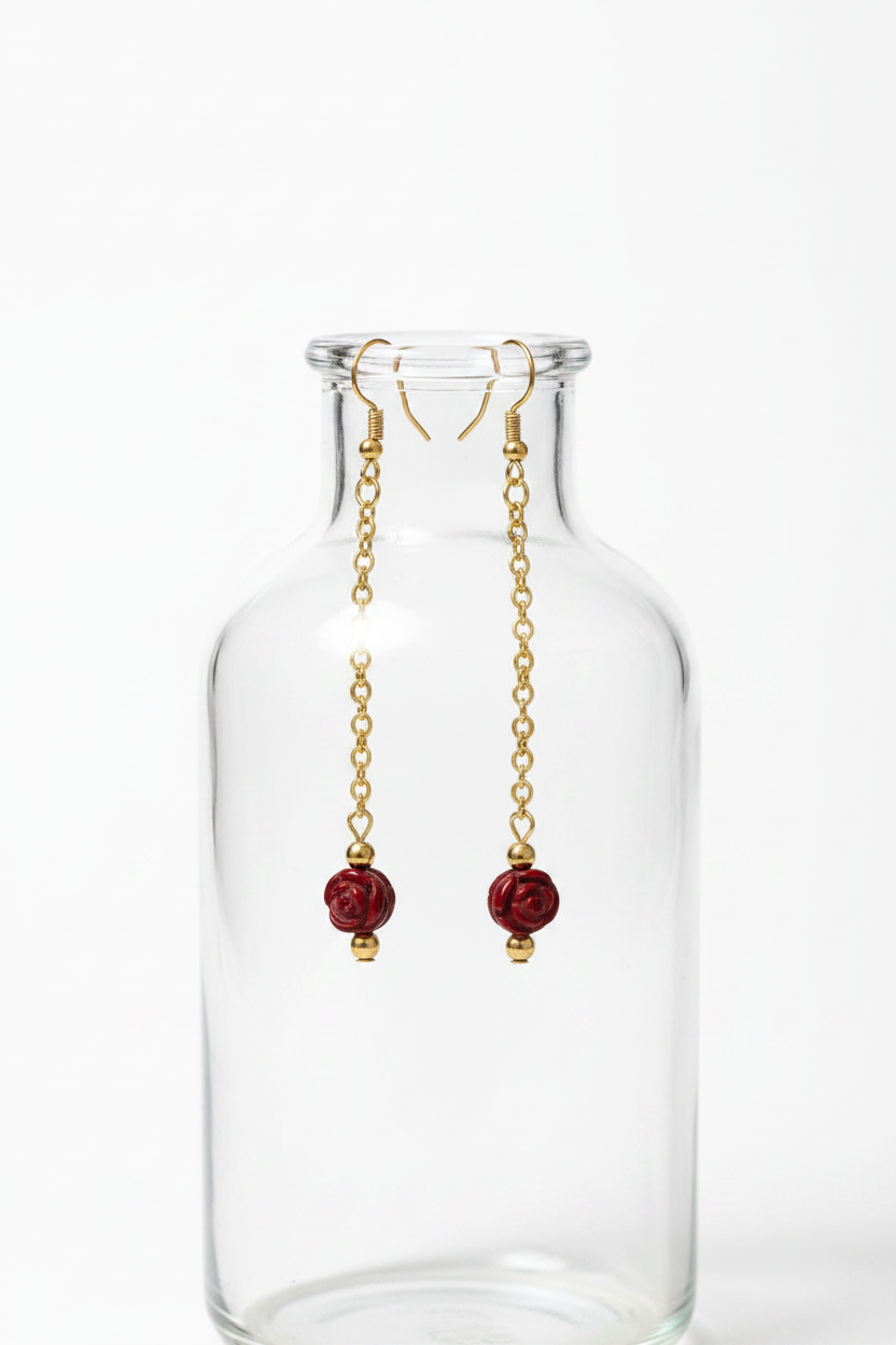 Rose Drop Earrings | Rose floral beads suspended from a fine gold chain.