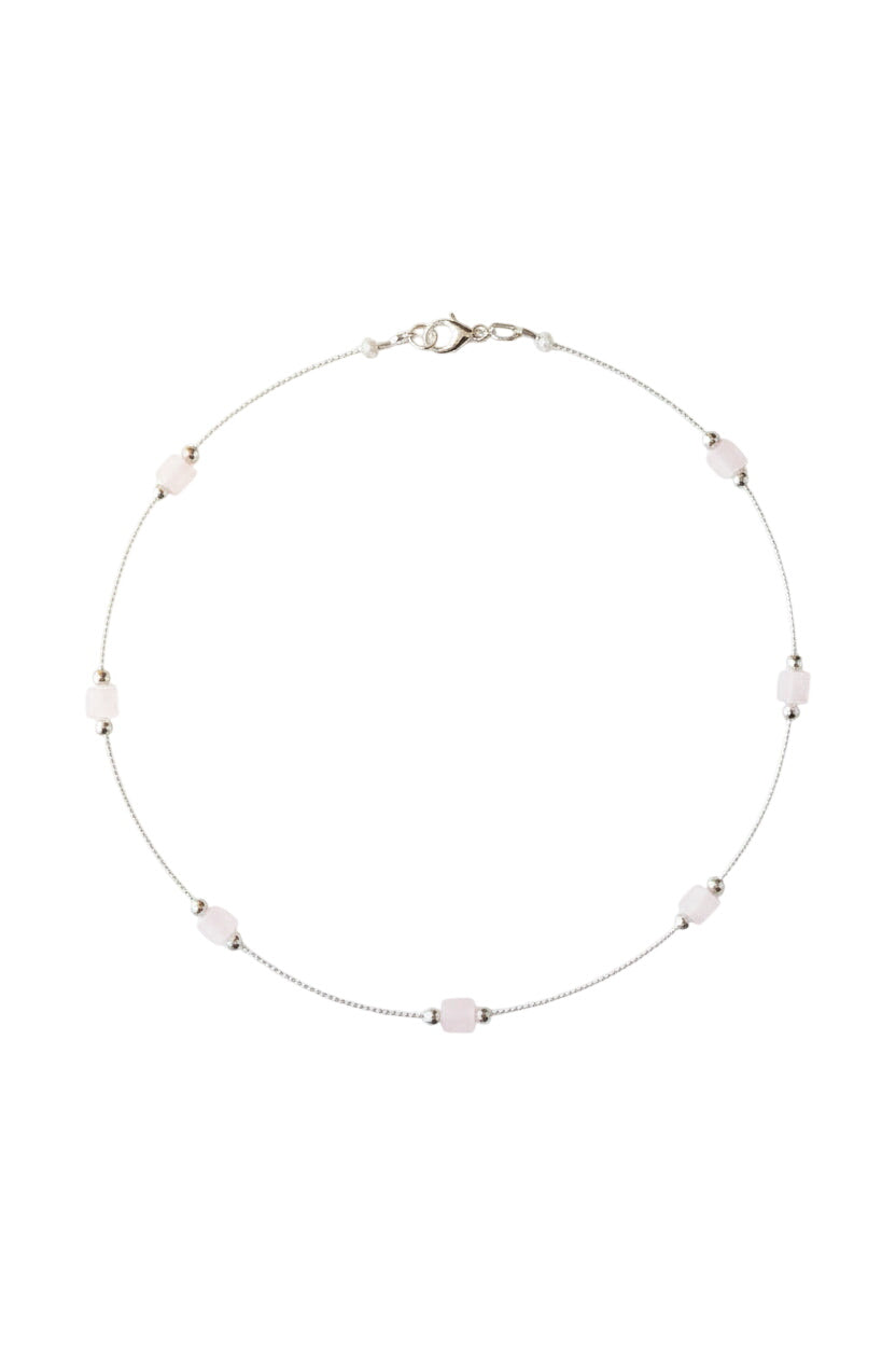 Rose quartz and silver seed bead necklace
