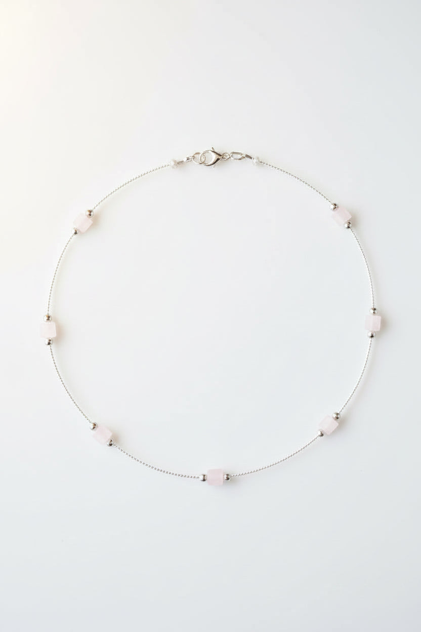 Rose quartz and silver seed bead necklace
