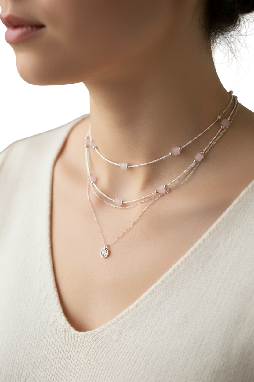 Necklace with pink beads and a small pendant on a white background