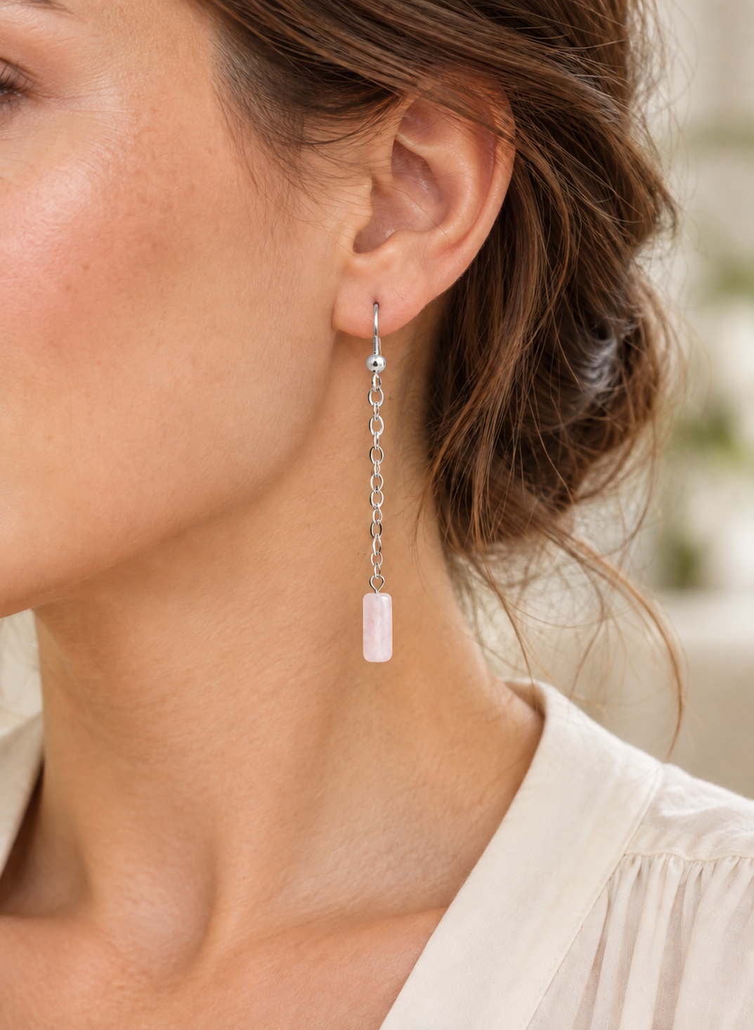 Rose Quartz Chain Drop Earrings - Sterling Silver Plated - Hypoallergenic