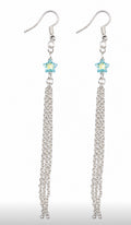 Pair of silver chain earrings with star-shaped blue and clear gemstones on a white background