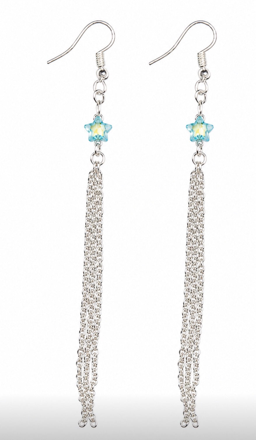 Pair of silver chain earrings with star-shaped blue and clear gemstones on a white background
