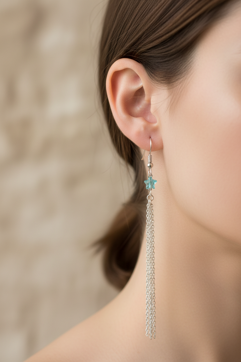 Close-up of a woman wearing a dangling earring with a gemstone against a neutral background